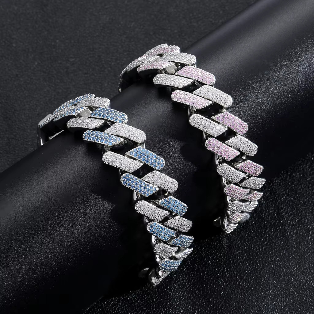 New Hiphop 20mm k Iced Out Color Dia Moissanite Bracelet Men's Body Jewelry Gold Cuban Chain