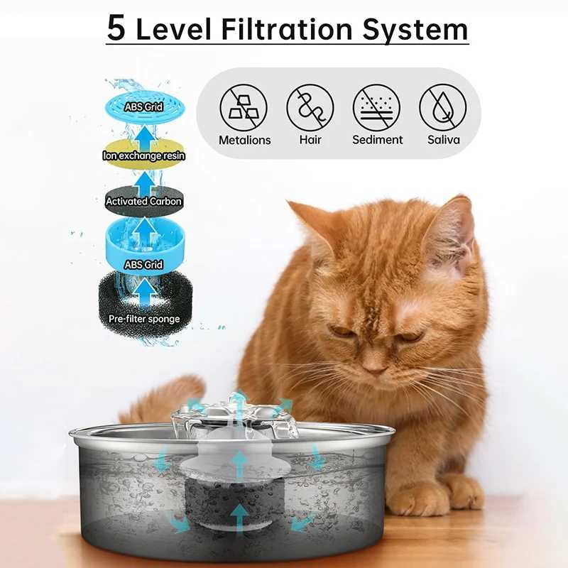 Dog Feeders Stainless Steel Cats Water Fountain Electric Mute Cat Dogs Water Feeder Supplies Sensor Filter Element Pet Dog Automatic Drinker H250218