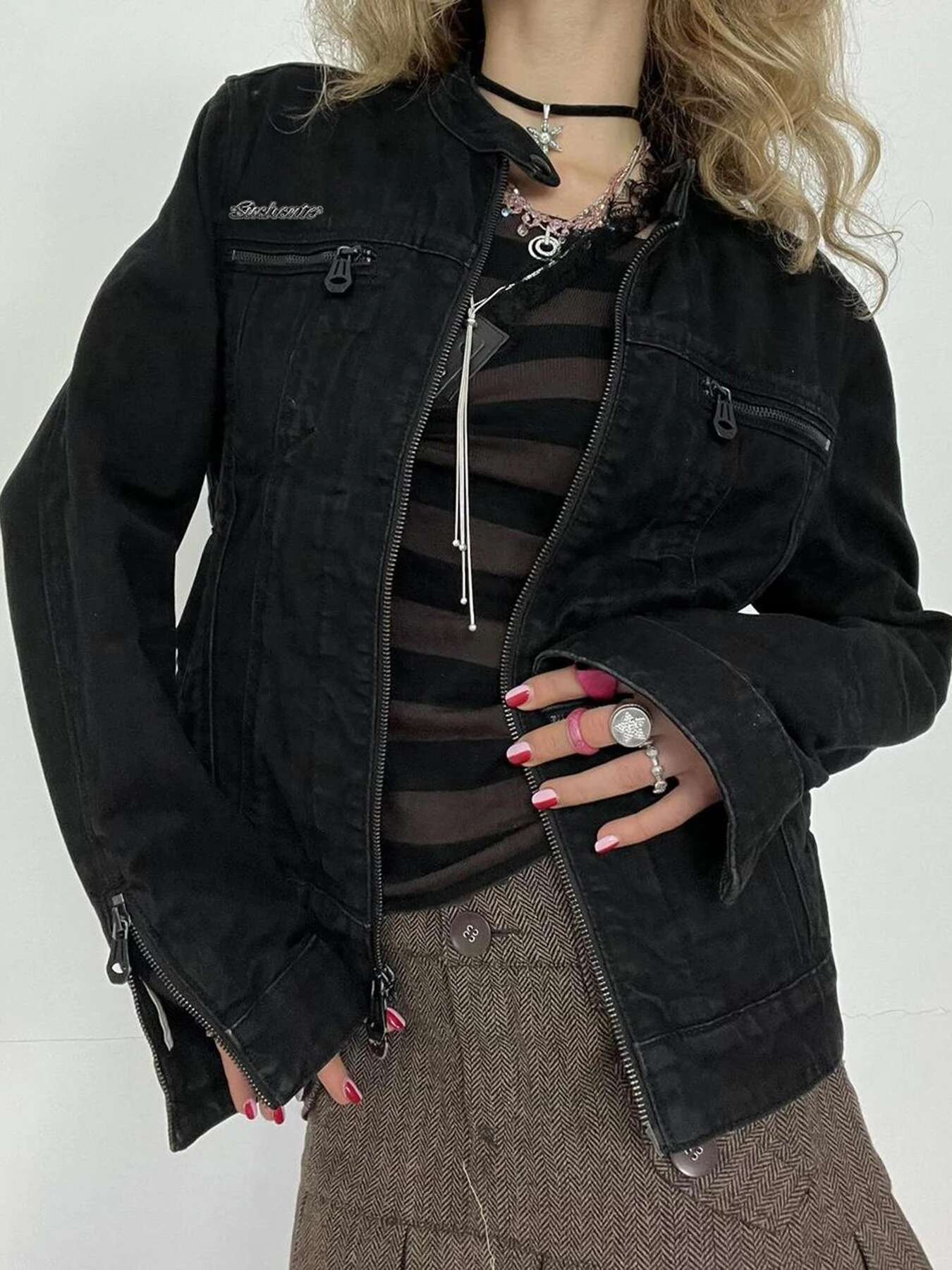 Rockmore Streetwear Double Zipper Denim Jackets Solid Casual Vintage Long Sleeve Outerwear Haruku Cargo Style Women's Coats