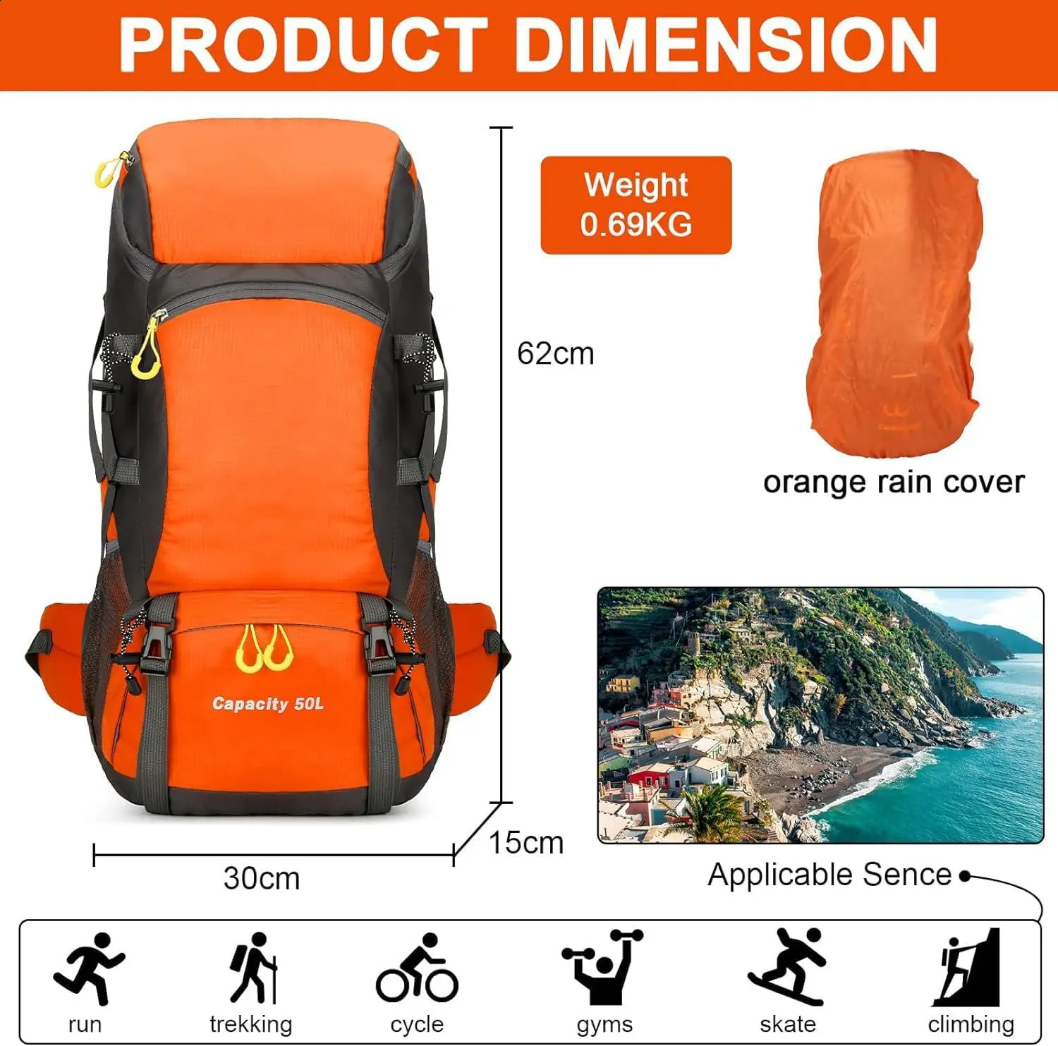 Hiking Backpack Waterproof 50L Lightweight Travel with Rain Cover for Camping Trekking Walking Outdoor Sports 250118