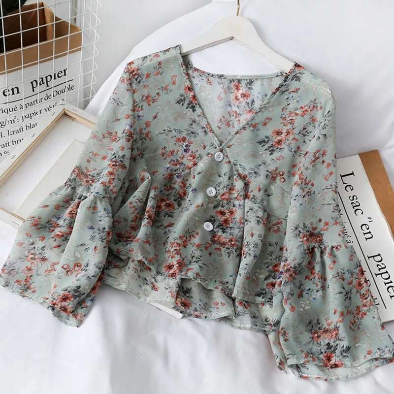 Fragmented Wer Shirts Spring New V Neck Top Bubble Flare Sleeve Shirt
