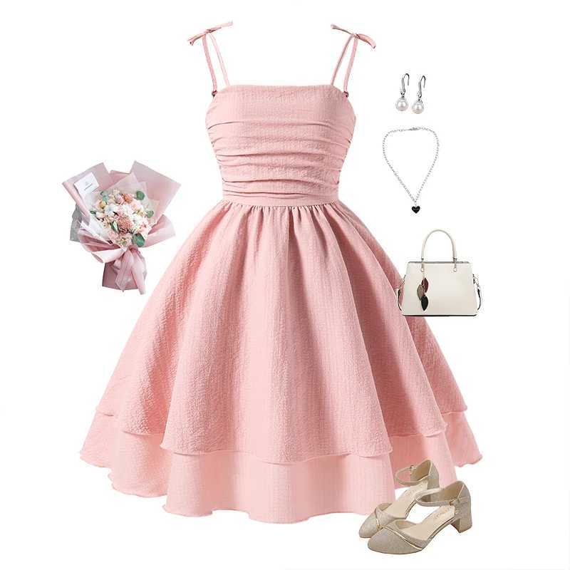 Princess Dress Sweet Style Solid Pink Tiered Sling Dress 8-12 Years Tween Girls Dress Birthday Party Pageant Communion DressT250219