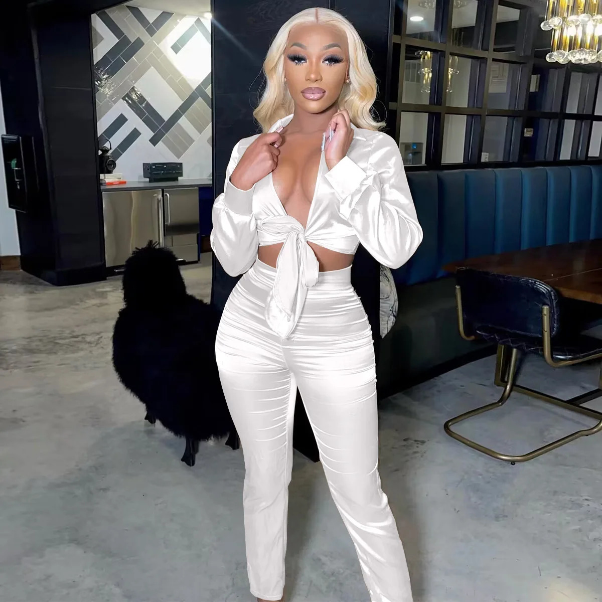 Sexy White Two Piece Set for Women Matching Sets Suit Satin Long Sleeve Tie Up Crop Top and Night Club Pants Sets Party Outfits 250218