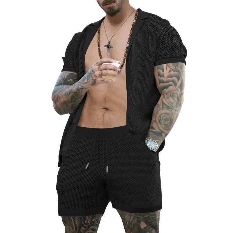 Summer New Hot Selling Mens Wear Hollow Perspective Ice Cool Casual Thin Outwear Mens Short Sleeved Shorts SetXJ250218