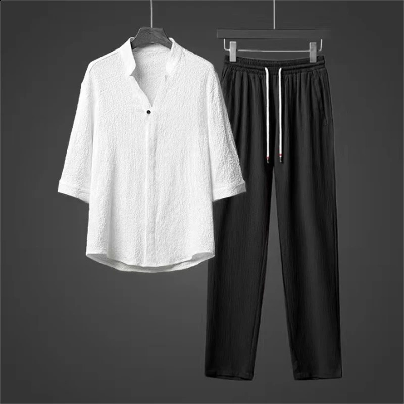 Ice Silk Linen Mens Set Spring Summer Loose Pullover Tops and Elastic Waist Trousers Sport Suits Men Two Piece Sets 250218