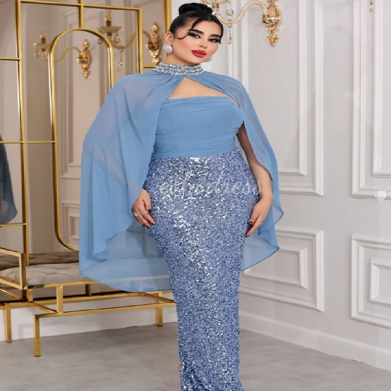 Plus Size Saudi Arabia Blue Evening Dress With Cape High Neck Mermaid Sequin Prom Dress 2025 Formal Occasion Party Wear Vestio De Fiesta 2025