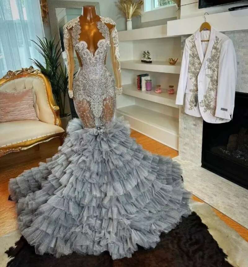 Sier Rhie Prom Dresses 2025 Mermaid Black Girls Beaded Rufflues Evening Gown Birthday Party Gala Dress Customized