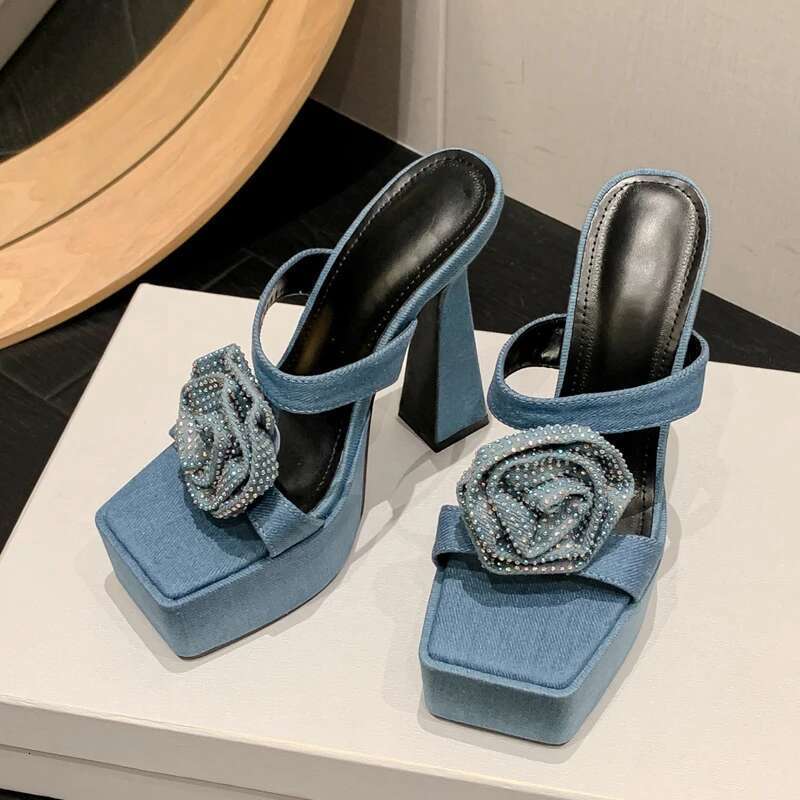 Denim CRYSTAL wer Women Slippers Slides Summer Design Fashion Peep Toe Square Heels Gladiator Sandals Shoes