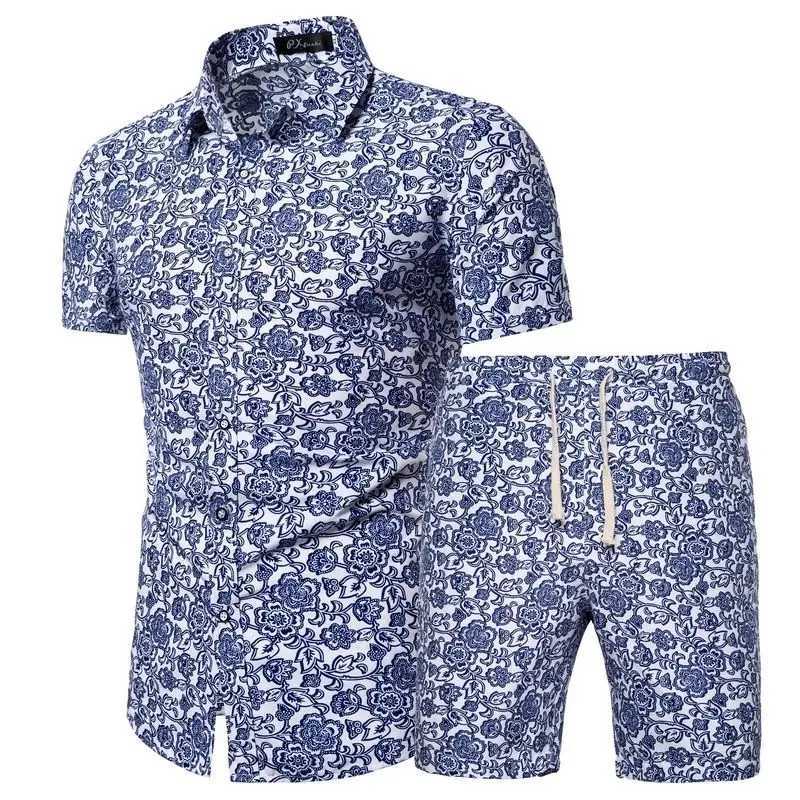 Hawaii 2 Pcs Men Luxury chain Beach Outfits 3D Print Short Sleeve Lapel Button Down Shirt + Drawstring Shorts Male Clothes SetsXJ250218