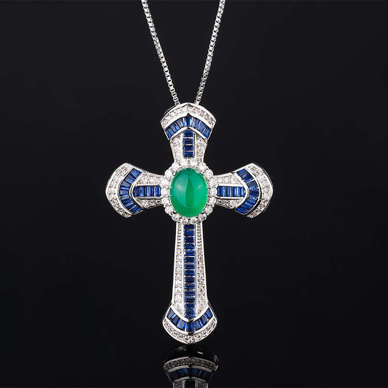 Tiktok Live Broadcast Color Zircon Royal Blue Cross Pendant Micro Set Flash Dia Geometry Necklace
