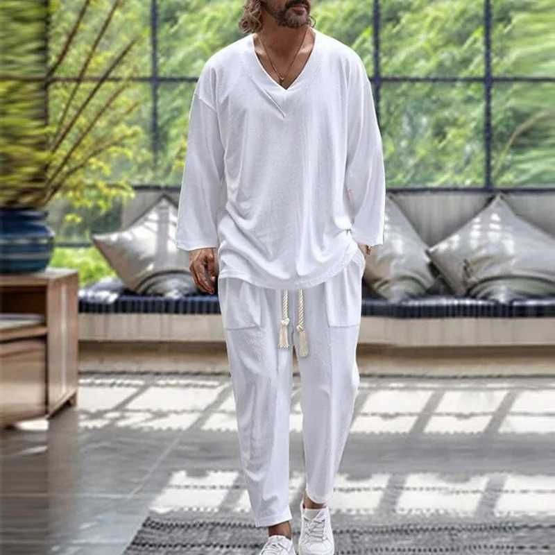 2024 Spring/Fall trend Mens Fashion V-neck shirt Casual comfortable loose high-end long sleeve pants solid color beach suitXJ250218