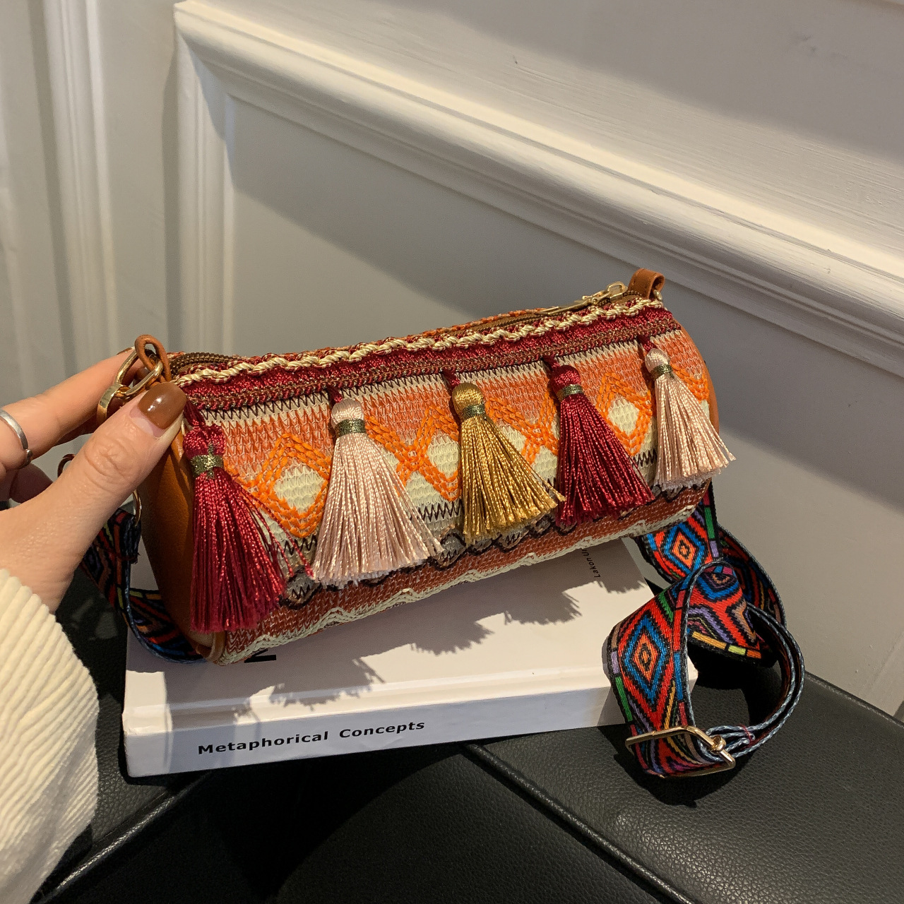 2025 Spring New Tassel Fashion Ethnic Style Contrast Embroidery Thread Cylindrical Women's Crossbody Shoulder Bag #swissmilitary