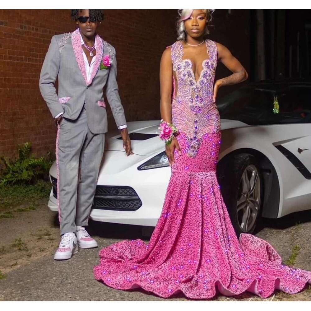 Pink African American Long Prom Dresses For Black Girls Mermaid Sheer Sequins Crystals Women Elegant Evening Gown Customized