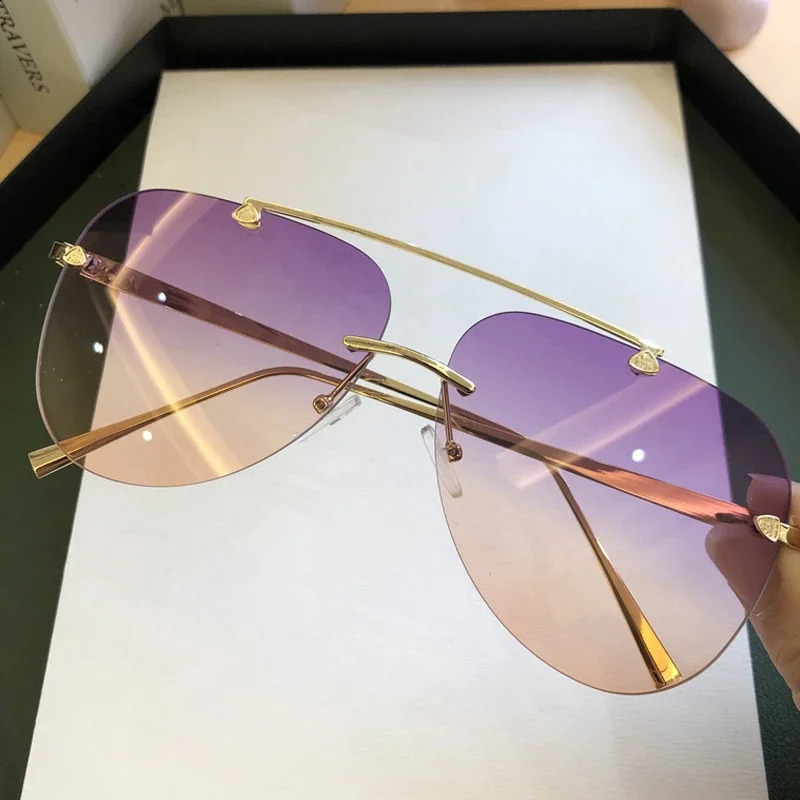Vintage Rimless Alloy Aviation Pilot Sunglasses for Men Gradient Sun Glasses Female Metal Oval Shades Black Brown 250214
