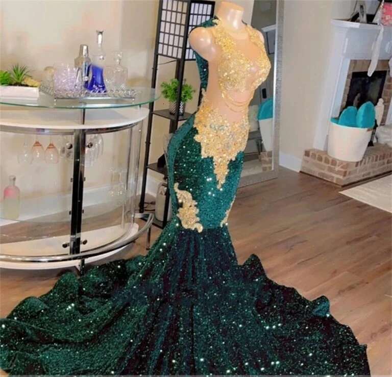 Dark Green Prom Black Girls Mermaid Sparkly Golden Lace Appliques Bead Graduation Dress Evening Party Gala Gown