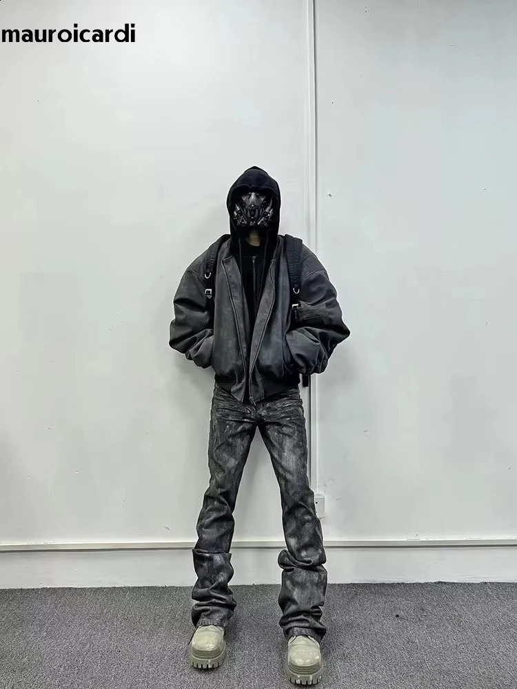 Mauroicardi Spring Extra Large Retro Black Artificial Suede Leather Jacket Mens Zipper 2-piece er Clothing Hoodie 250214