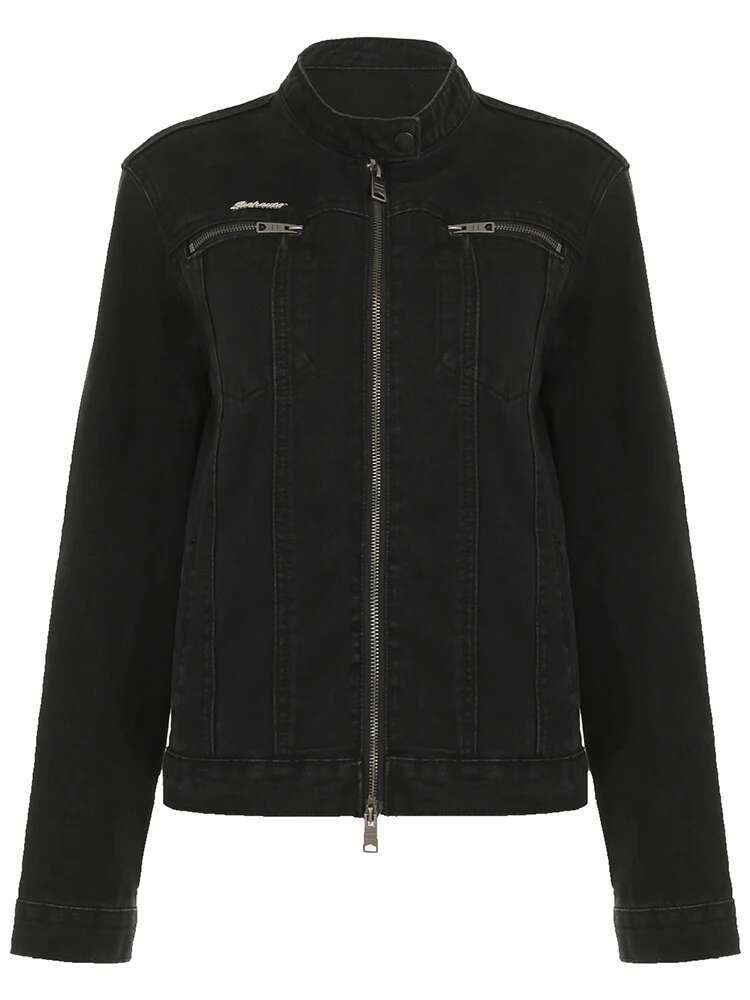 Rockmore Streetwear Double Zipper Denim Jackets Solid Casual Vintage Long Sleeve Outerwear Haruku Cargo Style Women's Coats