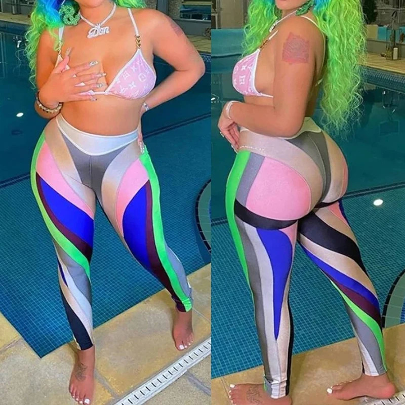 Fashion Type Hip-lifting Panelled Print Women Fitness Tight Leggings Seamless High Waist Stripe Stretch Sports Trousers 250218