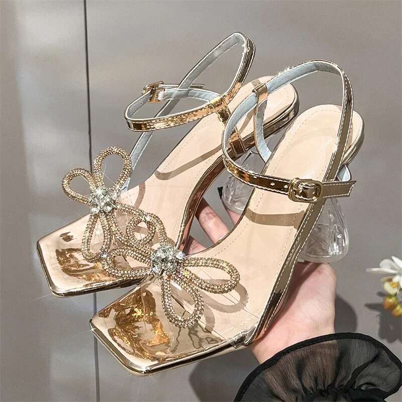 Fashion Butterfly-knot Buckle Strap Square Toe Woman Sandals Crystal Transparent High Heels Party Shoes atos De Mujer