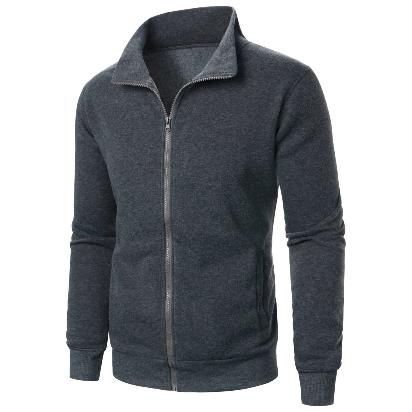 Mens casual sports zipper stand collar hoodie coat mens solid color cardigan 250218