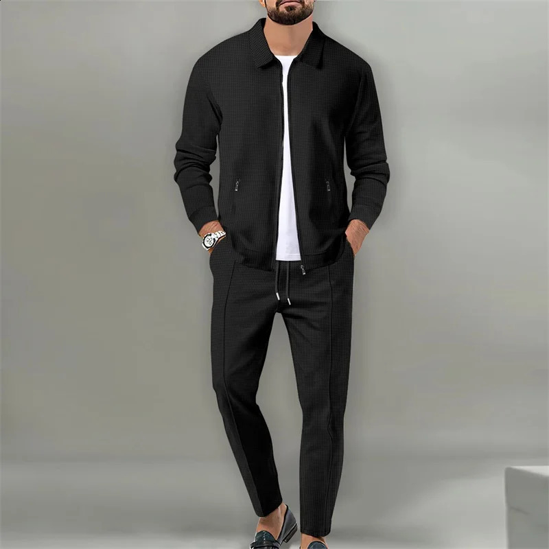 Men Two Piece Tracksuit Set Long Sleeve Zip Up Waffle Jacket Pants Set Loungewear Casual Daily 250218
