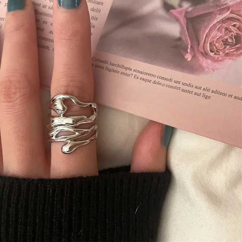 2024 New Arrival Irregular Hollow Silver Color Wide Ring Female Fashion Retro Unique Design Handmade Jewelry GiftsXJ250219