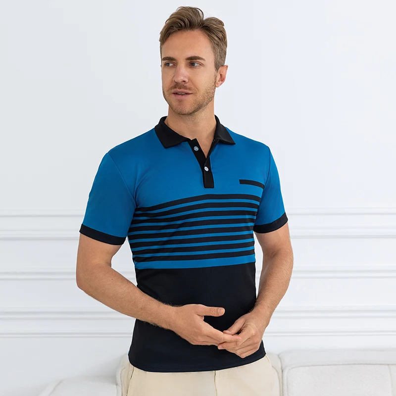 Mens Striped POLO Shirt Casual Fashion Contrast Printing Short Sleeve Gentleman Handsome Golf Joker Button Tshirt 250219