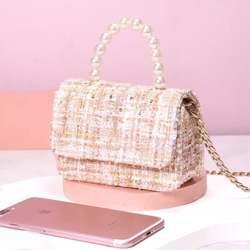 Childrens bag small bag spring and summer girl messenger bag Princess pearl handbag cotton and hemp fashion shoulder bag 250219