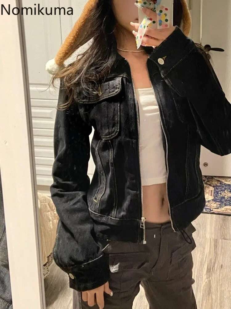 2024 Women Clothing Korean Jean Jackets Vintage Turndown Collar Streetwear Tunic Coats Crop Tops Casual Chic Zipper Y2k Jacket