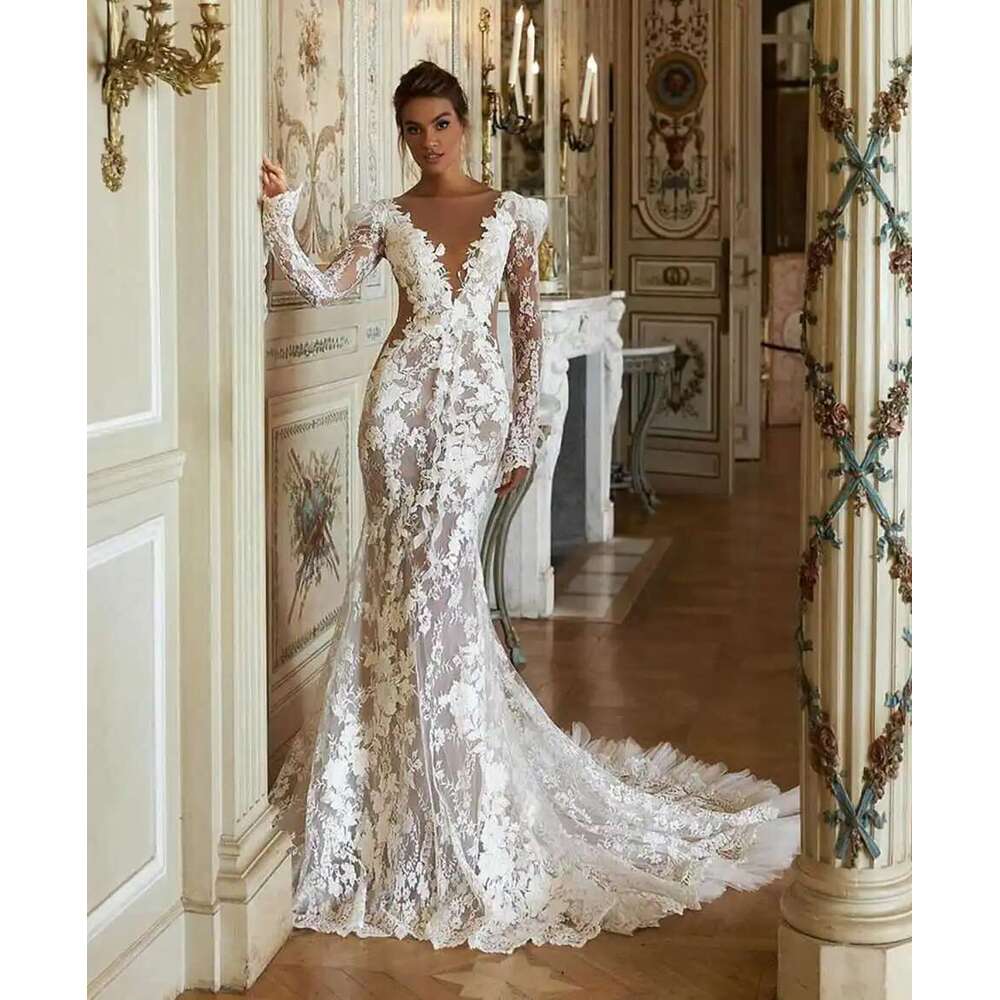 Princess Wedding Dress Mermaid V-Neck Appliques Lace Long Sleeve or-Length Elegant Bridal Gowns Vestido De Noiva Custom Made