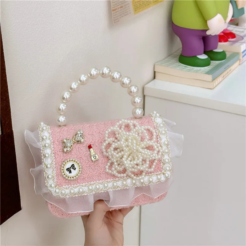 handbags mini purse Lattice girls bag wool bags for childrens pink girls purses and Pearl Handheld shoulder bag 250219