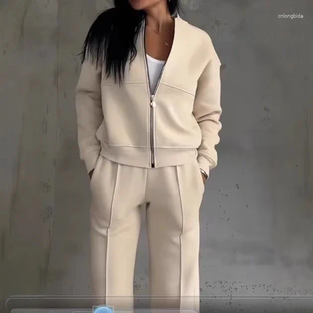 Womens Two Piece Pants Autumn Winter Female Loose Tracksuit Zipper Sweatshirt Coat Straight Pant Sports Suit Solid Color Casual Comfortable