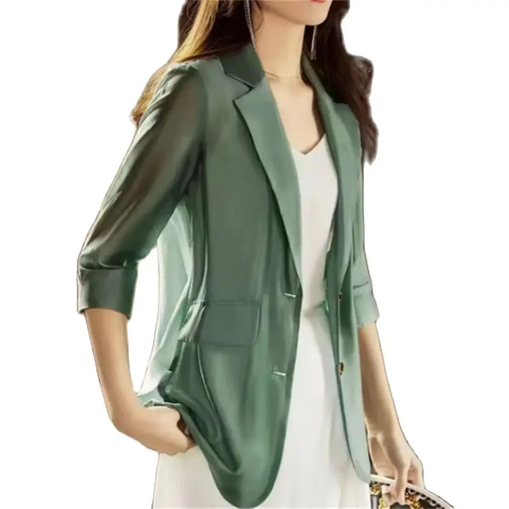Spring Summer Thin Casual Style Suit Solid Color Loose Women Fashion Blazer 34 Sleeve Chiffon Oversize Coat 250213