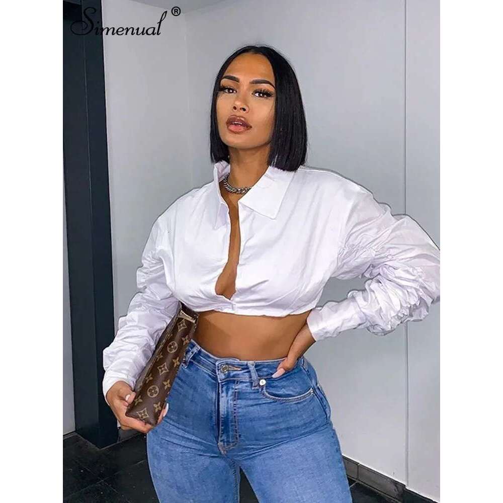 Simenual Button Ruched White Puff Sleeve Blouse Shirts Women Long Sleeved Fashion Fall 2021 Clothing Crop Blouses Solid Baddie