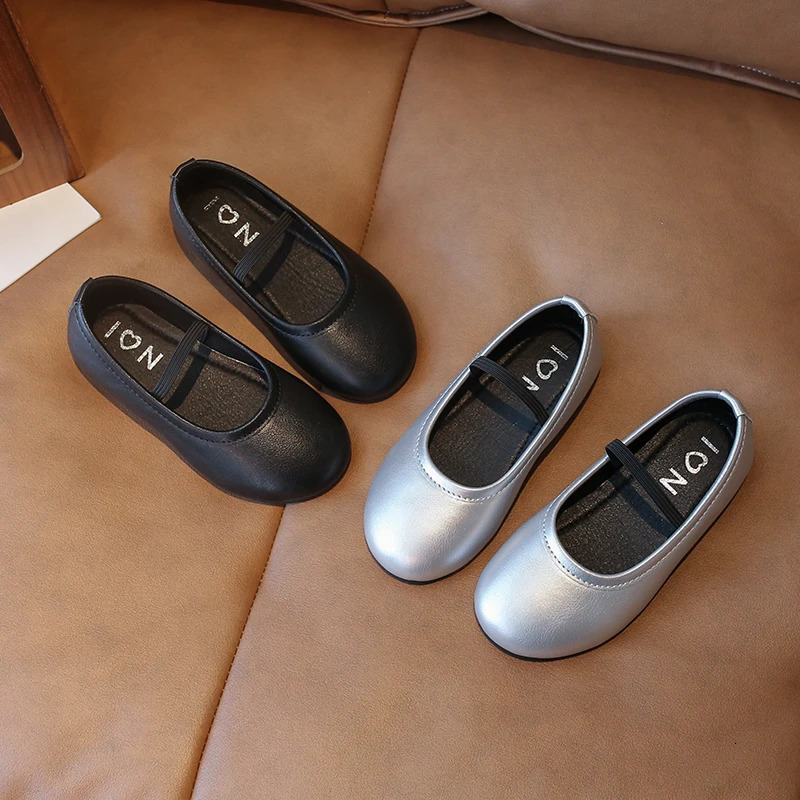 Spring Autumn Kids Leather Shoes Black Silver Versatile Little Girls Flat Shoes Causal Shallow Loafers for Kids Simple Fashion 250219