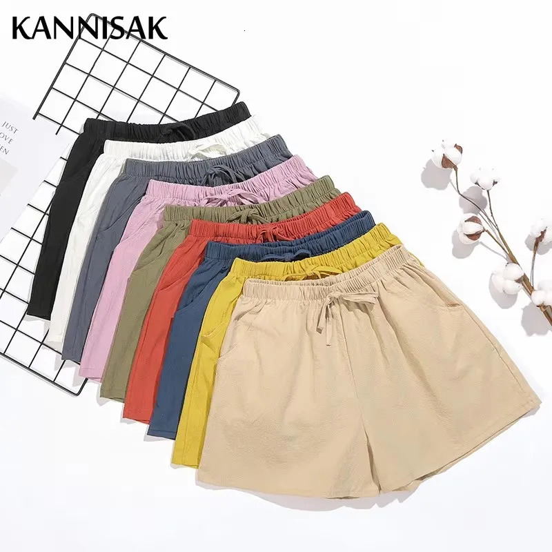 Women Shorts Spring Summer 2024 Loose Linen Cotton Solid Casual Korean Wide Leg Pant Drawstring Elastic Waist Bikers Shorts 250214