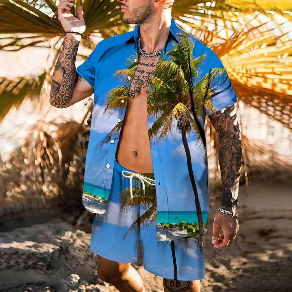 Beach printed Hawaii Set Mens 2Pcs Shirt 3D Print Loose Leisure short sleeve Beach Shorts Shirt Holiday Fashion Two piece SetXJ250218