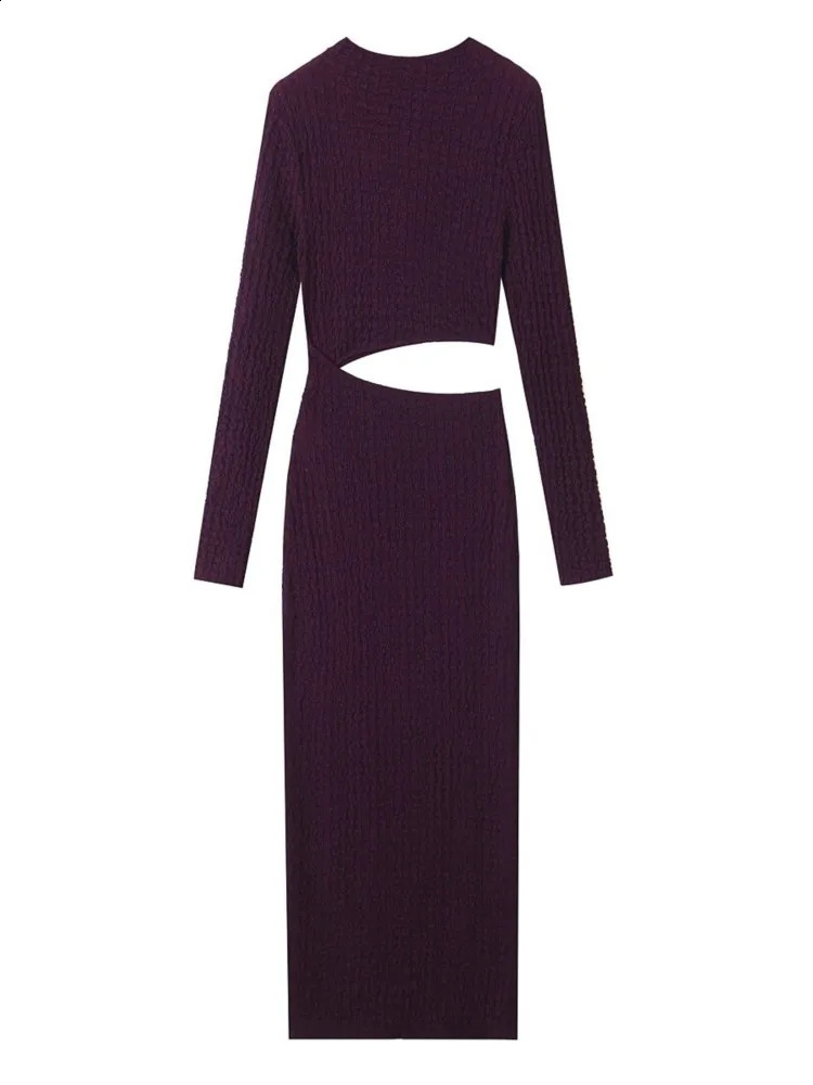 Sexy Women Hollow Out Party Dresses Elegant Slim Causal O-Neck Long Sleeve Midi Dress Evening Vestidos Autumn Robe Femme 250218