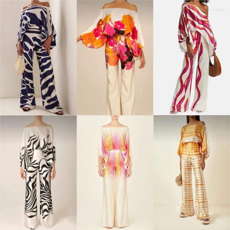 Women's Two Piece Pants Women Print Satin Outfit Lantern Sleeve Off Shoulder Long Blouse Office Lady 2 Sets Casual Wide Leg Suits