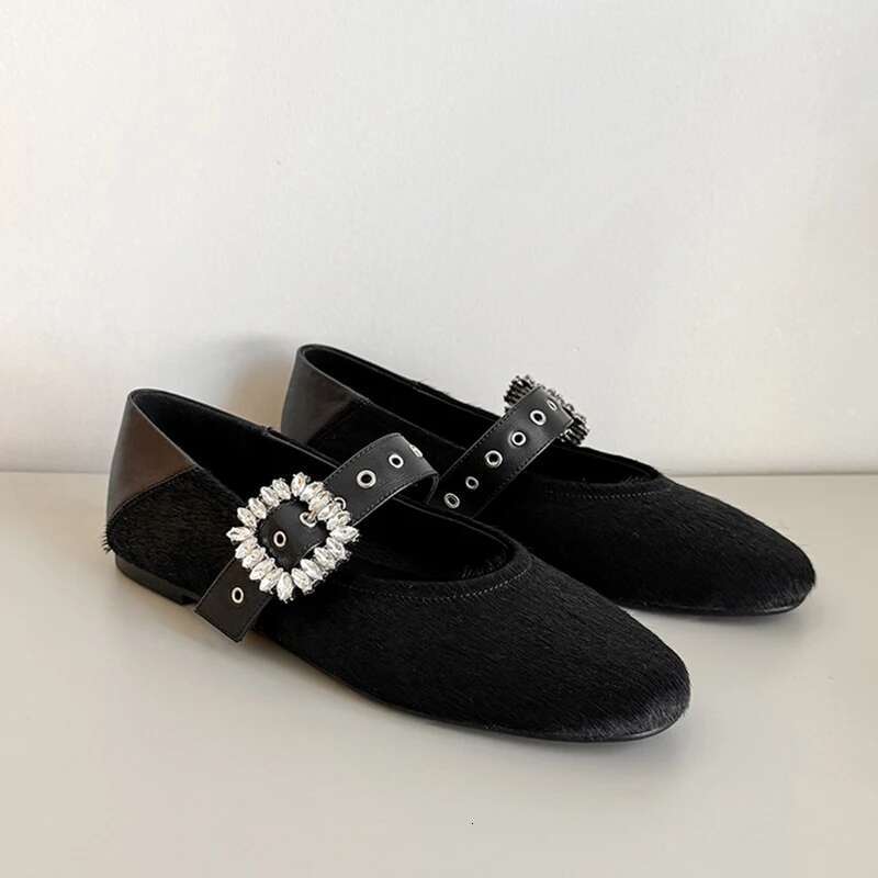 Real haircalf women ballet flats crystal buckle strap pumps
