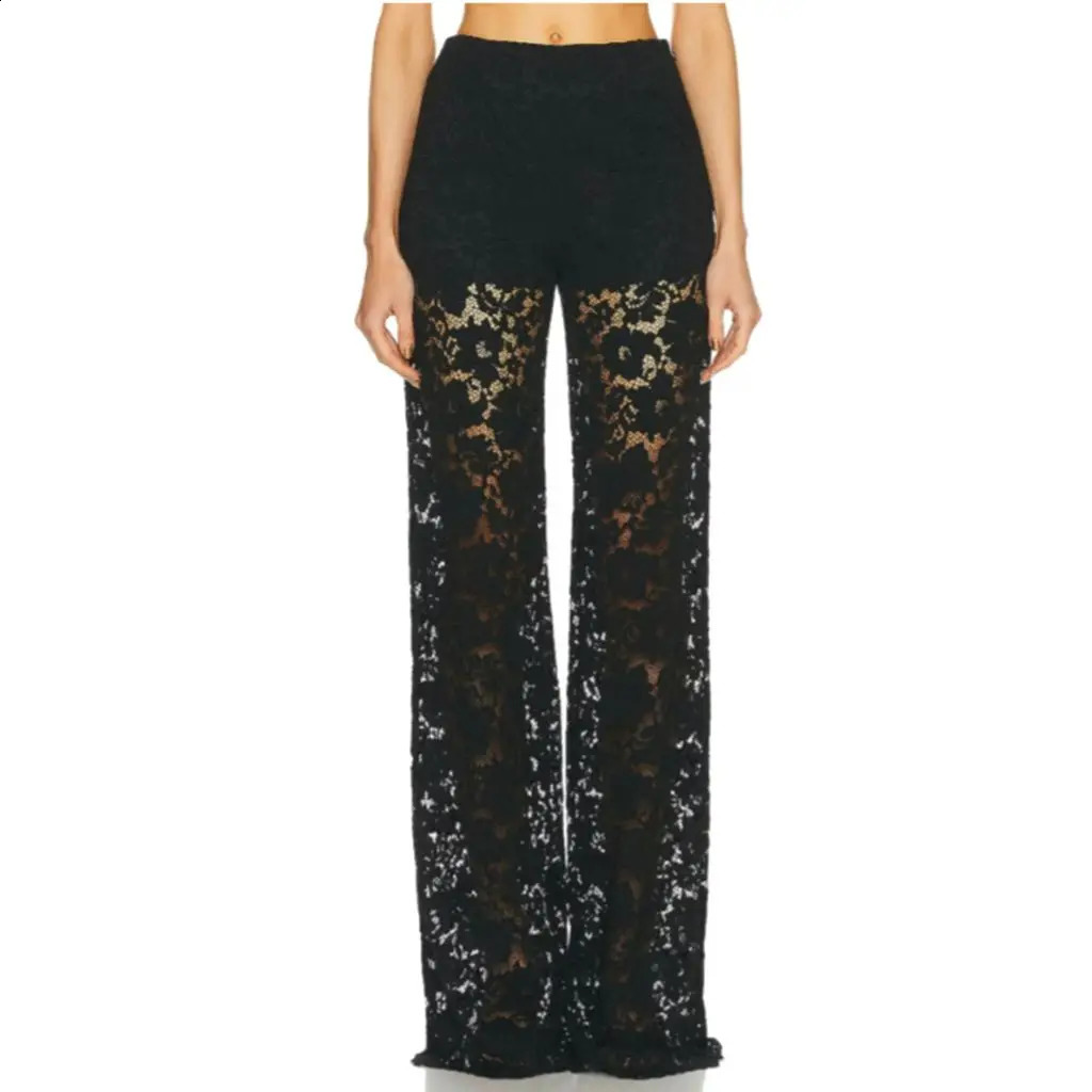 Lairauiy Womens OL Elegant Floral Lace See-through Sheer Long Pants Elastic High Waist Straight Trousers Streetwear 250218