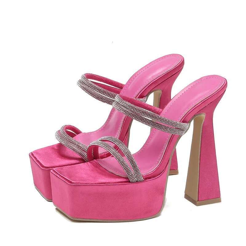 Aneikeh 2025 Sexy Steel Pipe Dance Shoes Crystal Square Head Open Toe Platform Super High Heels Mature Women Party Dress Atos