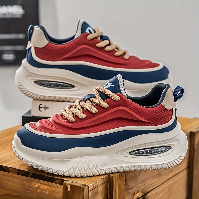 Men's trendy contrasting thick soled shoes, comf ortab le and non slip casual lace up sneakers suitable for outd oor acti vities
