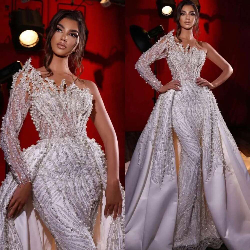 Classic Wedding Dress Pearls Sequins Bridal Gown One Shoulder Mermaid Bride Dresses Detachable Train Customized Vestido de novia