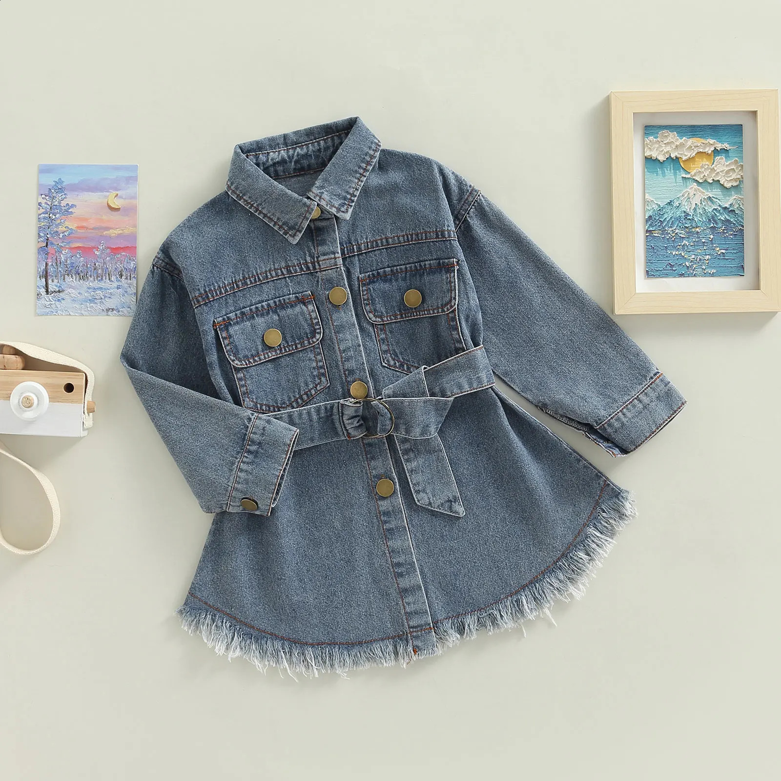 Citgeett Autumn Kids Girls Denim Dress and Waistband Blue Solid Color Long Sleeve Spring Clothes Suit 250219