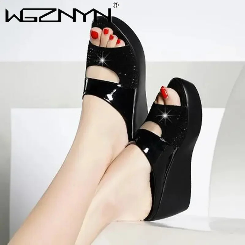 Womens Platform Slippers Wedge Summer Shoes Women Flip-Flops High Heels Loafers Casual Solid Color Party Bling Sandals 250213