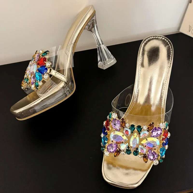 Summer Fashion PVC Transparent Square Toe Woman Slippers Crystal Clear High Heels Slides Shoes atos De Mujer