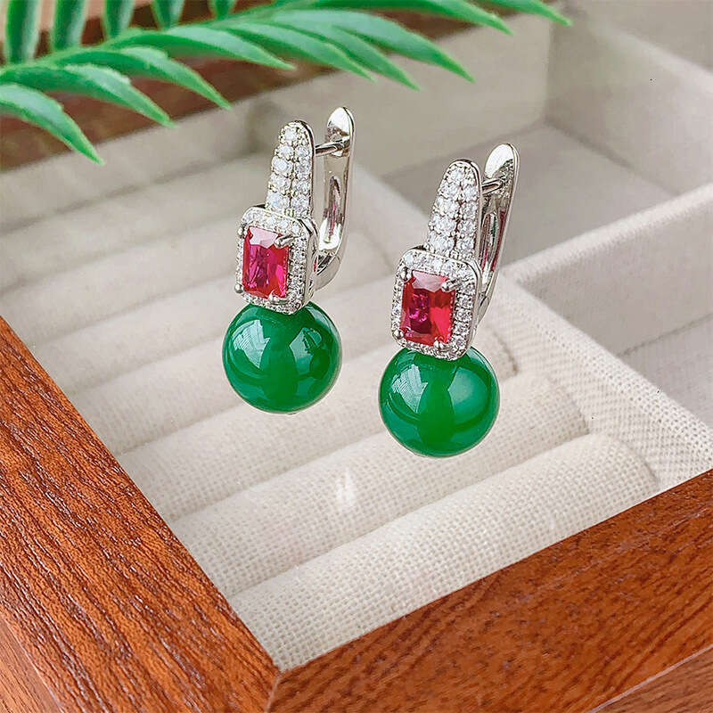 Autumn and Winter Chinese Style Emperor Necklace Earring Set Natural Green Jade Core Disc Safe temperament Earrings