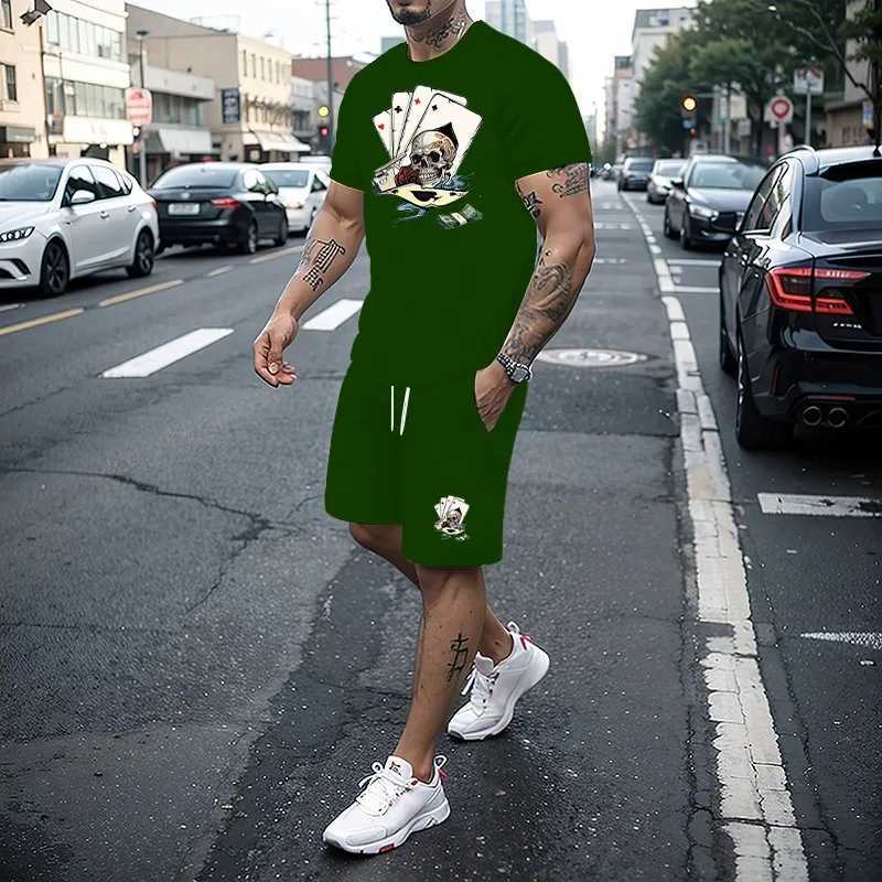 Summer New Mens Set 3D Printing Series T-shirt+Shorts 2-piece Set Fashion Street Clothing Casual Slow Running Mens SportswearXJ250218