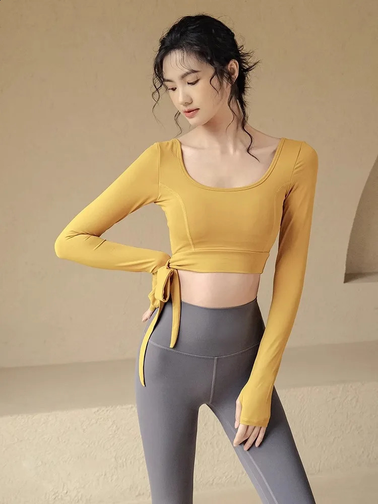 Yoga with chest pad long sleeved t-shirt for womens sports running quick drying tight fitting professional Pilates fitness top 250219